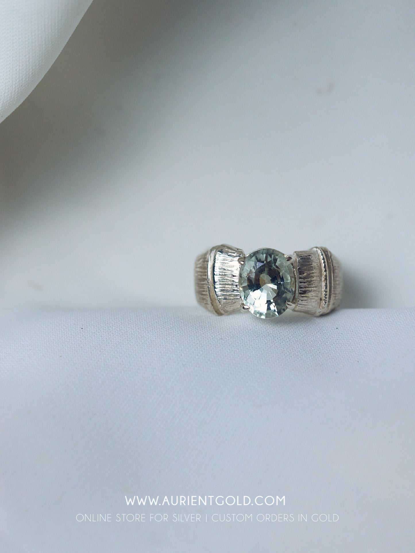 Silver Bamboo Ring With Green Amathyst