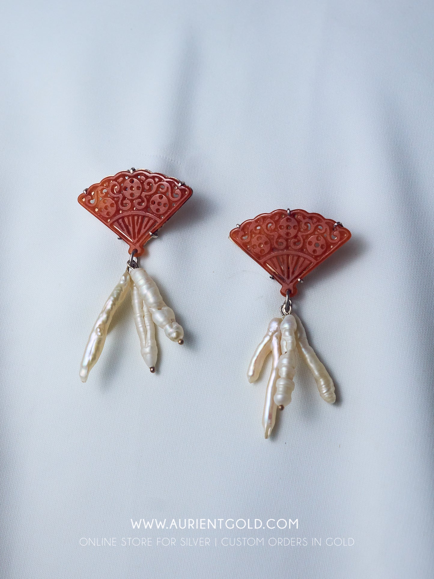 Sterling Silver, carnelean and fresh water pearl statement earrings