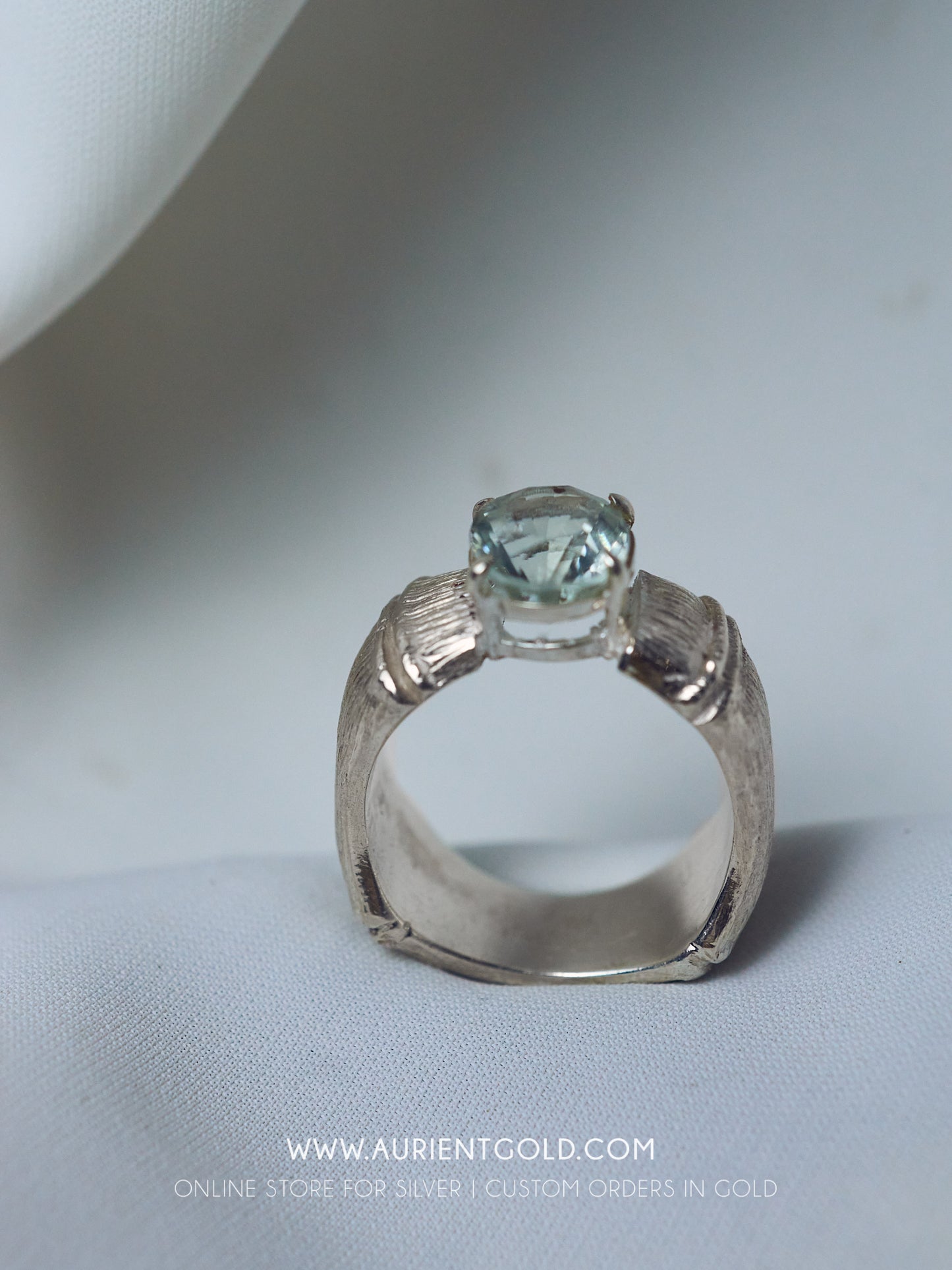 Silver Bamboo Ring With Green Amathyst