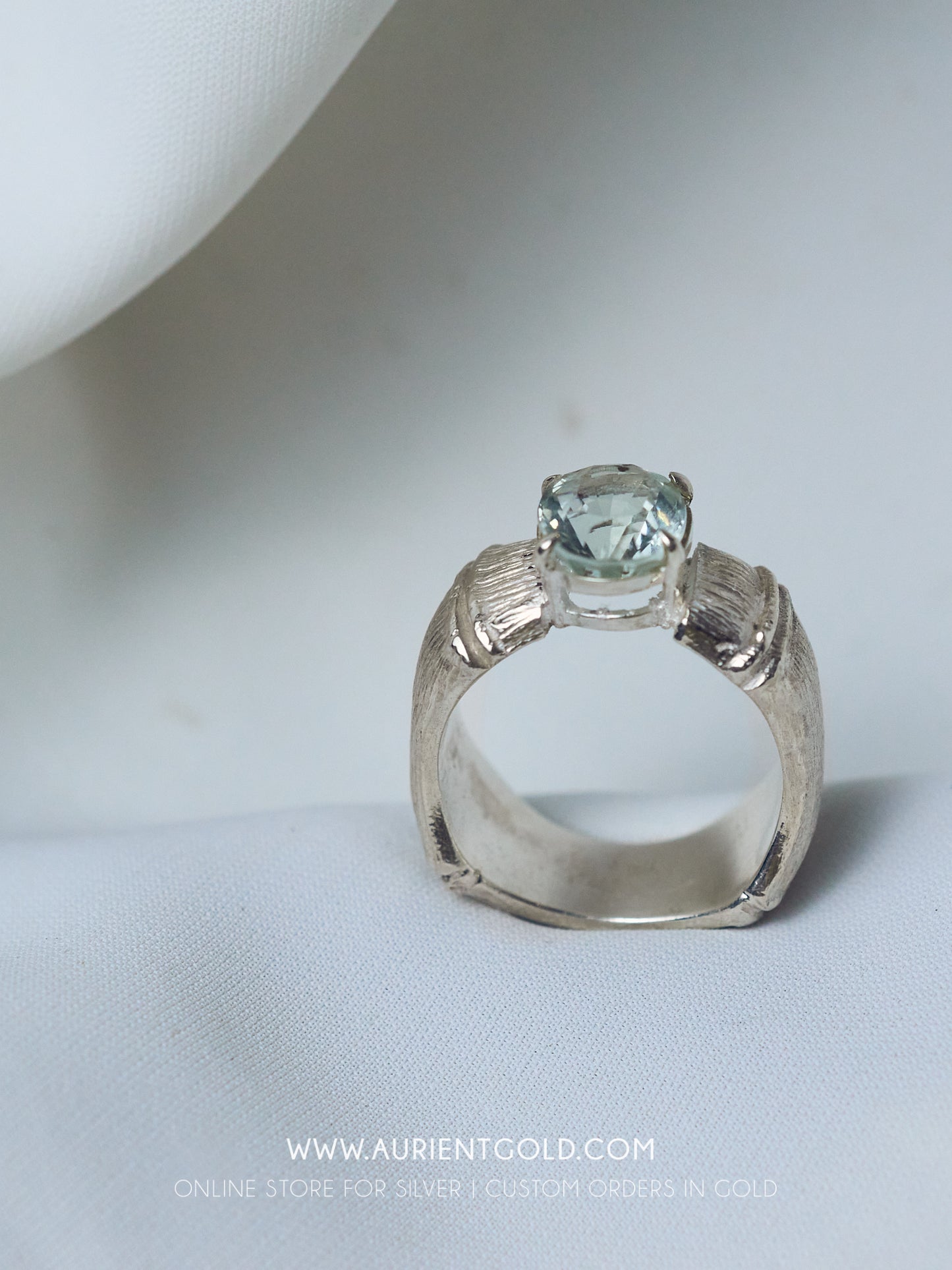 Silver Bamboo Ring With Green Amathyst