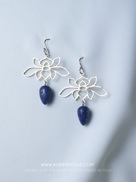 Lotus Earrings with Lapiz Lazuli Stone