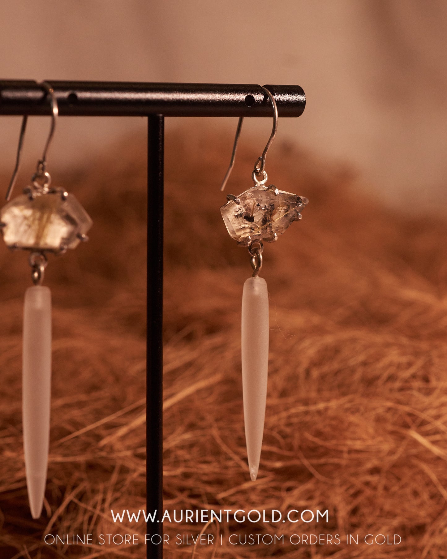 Frosted quartz and Rutitle quartz earrings