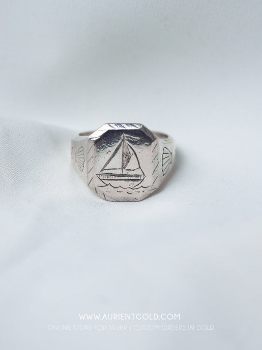Cute Sterling Silver Sailing Boat Signet Ring