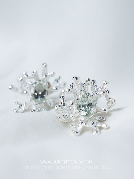 Sterling Silver Coral with Green Amethyst Earrings