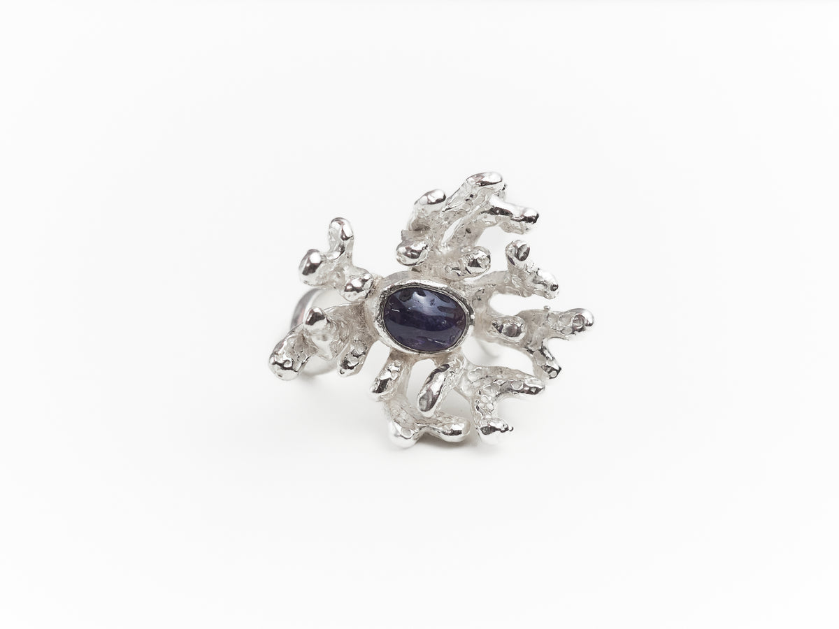 Sterling Silver Coral Ring with Milky Sapphire Cabochon Cut