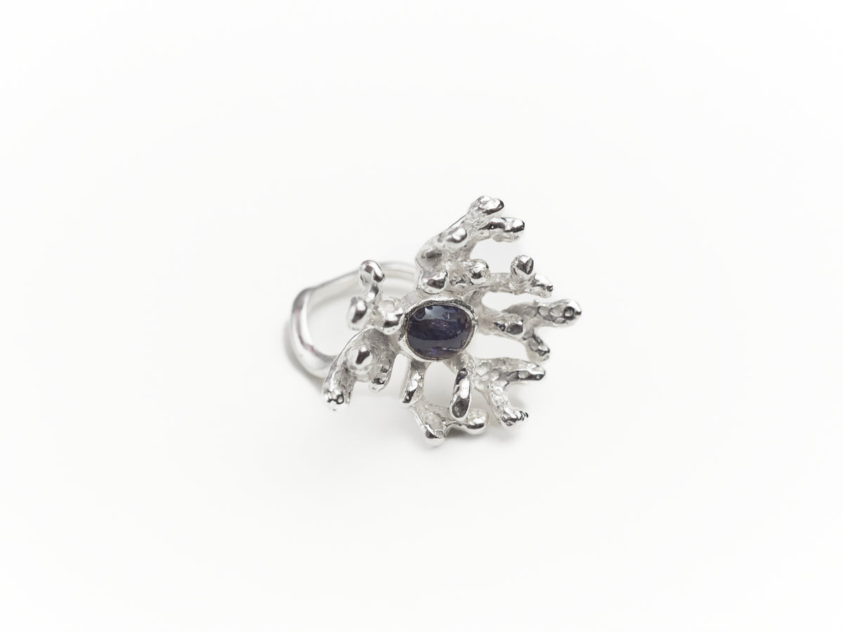 Sterling Silver Coral Ring with Milky Sapphire Cabochon Cut