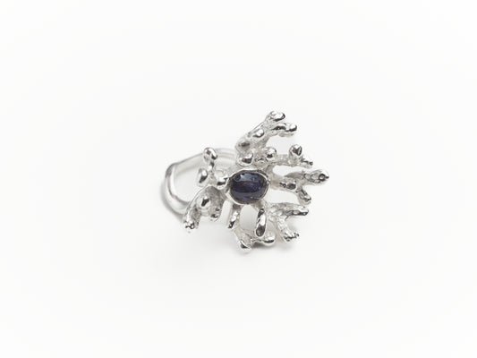 Sterling Silver Coral Ring with Milky Sapphire Cabochon Cut