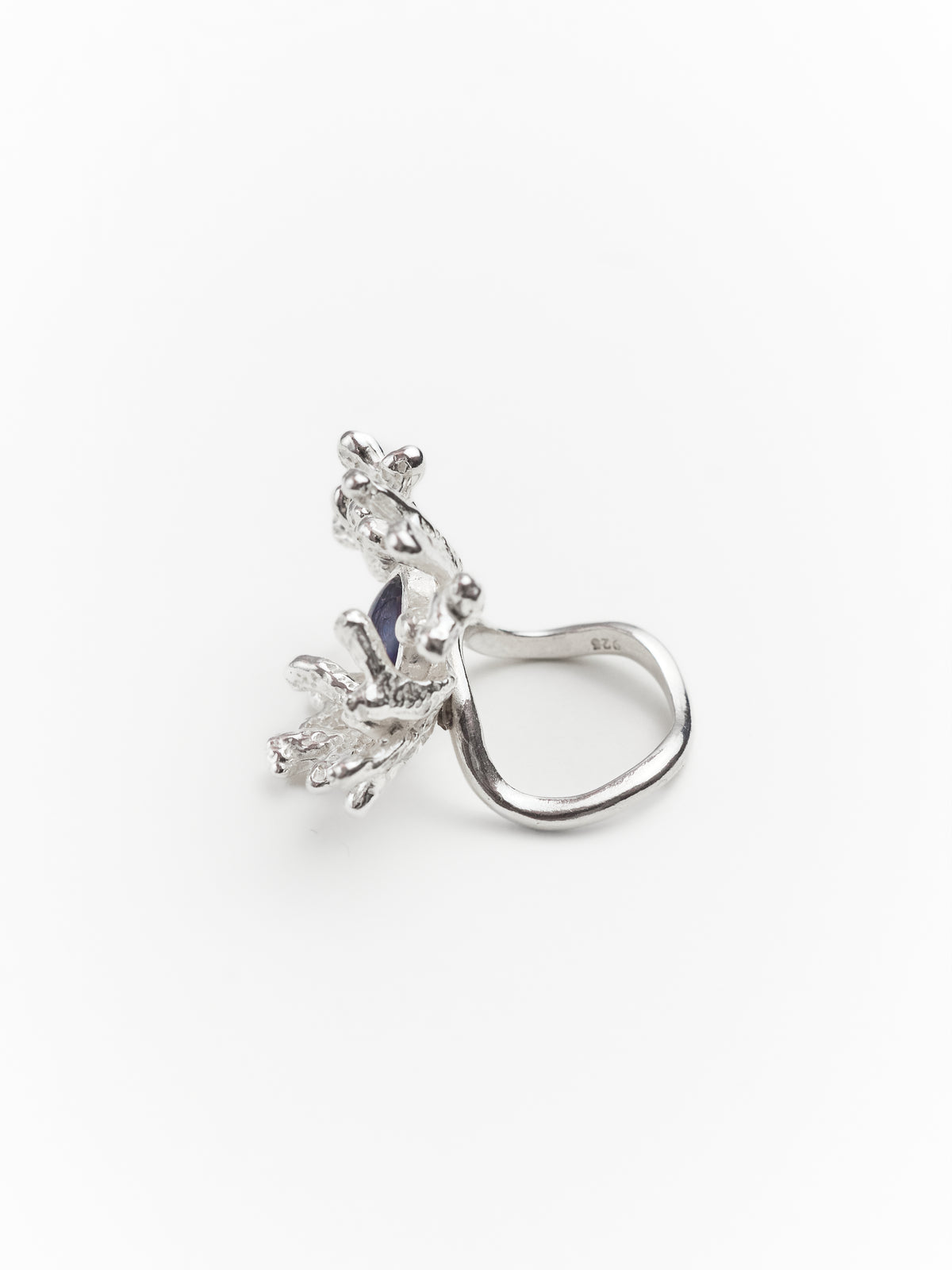 Sterling Silver Coral Ring with Milky Sapphire Cabochon Cut