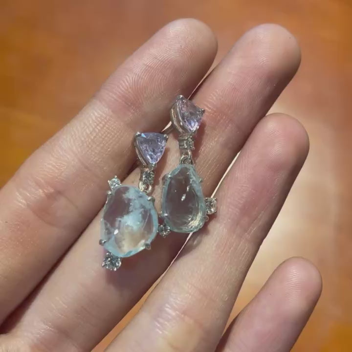 Bông tai bong bóng dưới nước bằng đá Aquamarine và Spinel